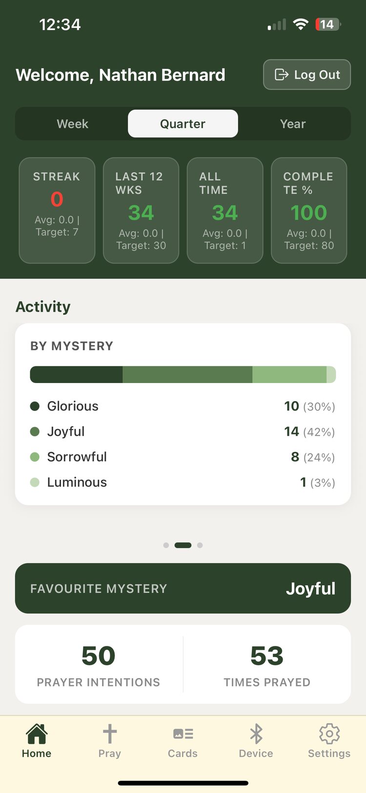 Prayer session tracking screen in the app